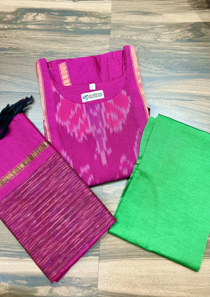 Premium Pochampally handloom silk cotton top (cotton lining) paired with silk cotton dupatta and silk bottom (Free size)