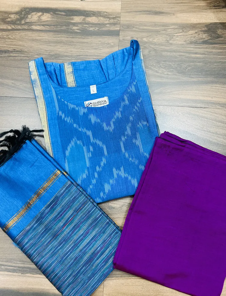 Premium Pochampally handloom silk cotton top (cotton lining) paired with silk cotton dupatta and silk bottom (Free size)
