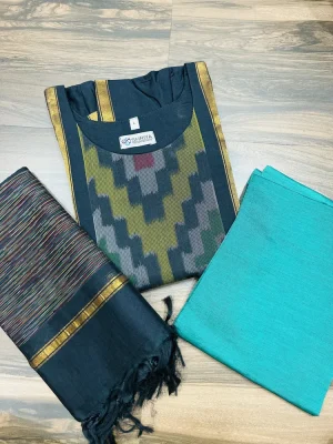 Premium Pochampally handloom silk cotton top (cotton lining) paired with silk cotton dupatta and silk bottom (Free size)