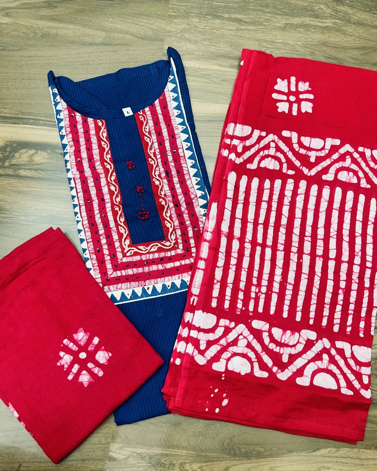 Premium textured cotton top (cotton lining) with Handblock printed yoke paired with printed cotton dupatta and cotton bottom (free size)