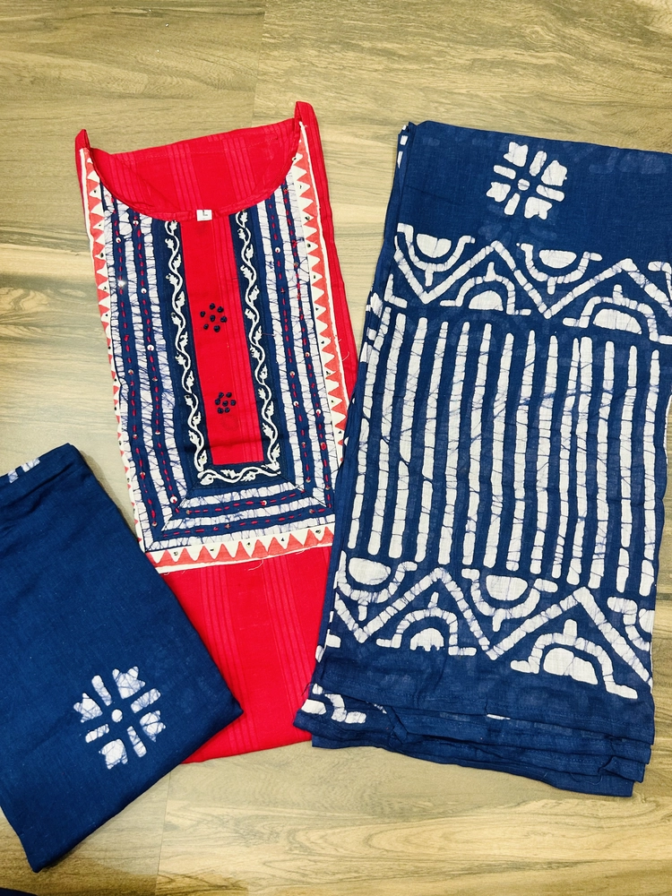 Premium textured cotton top (cotton lining) with Handblock printed yoke paired with printed cotton dupatta and cotton bottom (free size)
