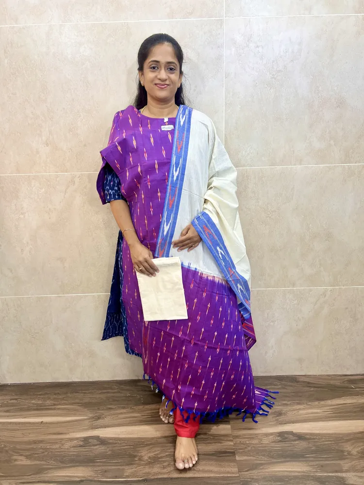 Pure handloom Ikkat cotton top (cotton lining) paired with Ikkat cotton dupatta and cotton bottom (free size)
