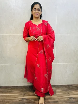(Dark pink)Soft mulchanderi silk top (crepe lining) with handworked yoke paired with handworked mulchanderi silk dupatta and mulchanderi silk bottom (semi palazzo with lining)