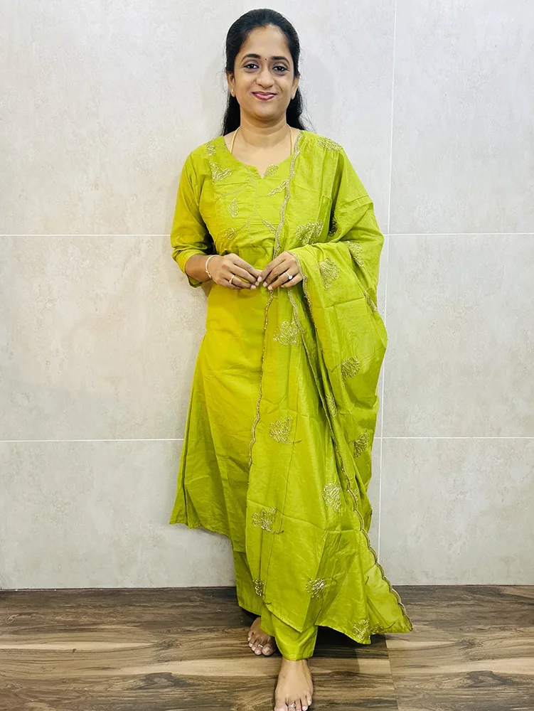Soft mulchanderi silk top (crepe lining) with handworked yoke paired with handworked mulchanderi silk dupatta and mulchanderi silk bottom (semi palazzo with lining)