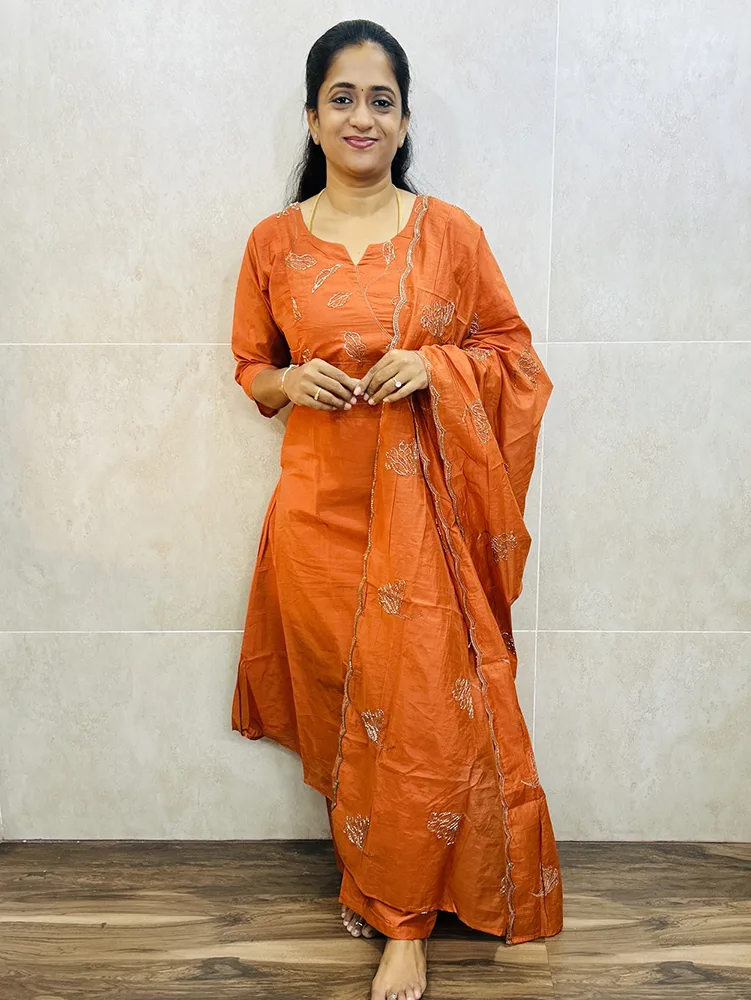 Soft mulchanderi silk top (crepe lining) with handworked yoke paired with handworked mulchanderi silk dupatta and mulchanderi silk bottom (semi palazzo with lining)