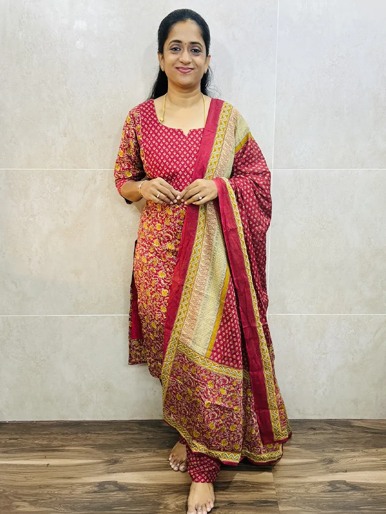 Printed Jaipur cotton top (cotton lining) with with printed cotton dupatta and cotton bottom (Free size)