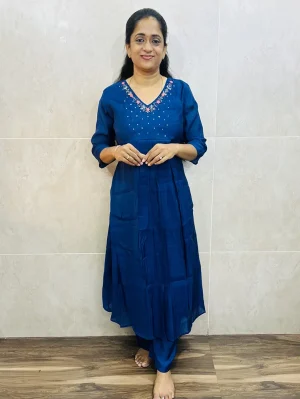 Soft Mulchanderi silk top (crepe lining) with handwork on yoke paired with mul Chanderi silk bottom (semi palazzo)