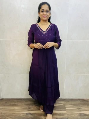 Soft Mulchanderi silk top (crepe lining) with handwork on yoke paired with mul Chanderi silk bottom (semi palazzo)