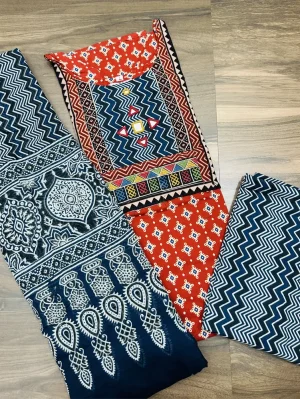 Ajrakh dyed cotton top(cotton lining)paired with printed cotton dupatta and cotton bottom(free size)