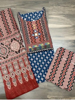 Ajrakh dyed cotton top(cotton lining)paired with printed cotton dupatta and cotton bottom(free size)