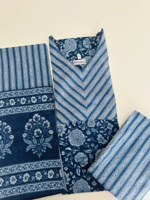 Printed Jaipur cotton top (cotton lining) with with printed cotton dupatta and cotton bottom (Free size)