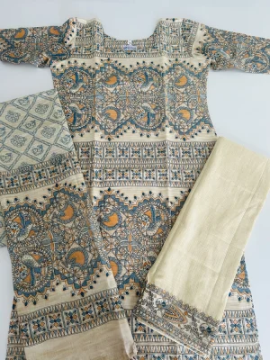 Madhubani printed Bhagalpur cotton top (cotton lining) paired with Bhagalpur cotton dupatta and Bhagalpur cotton bottom (free size)