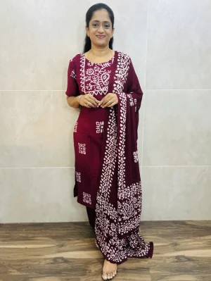 Batik printed Rayon top(cotton lining)paired with printed rayon dupatta and rayon bottom(free size)