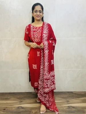 Batik printed Rayon top(cotton lining)paired with printed rayon dupatta and rayon bottom(free size)