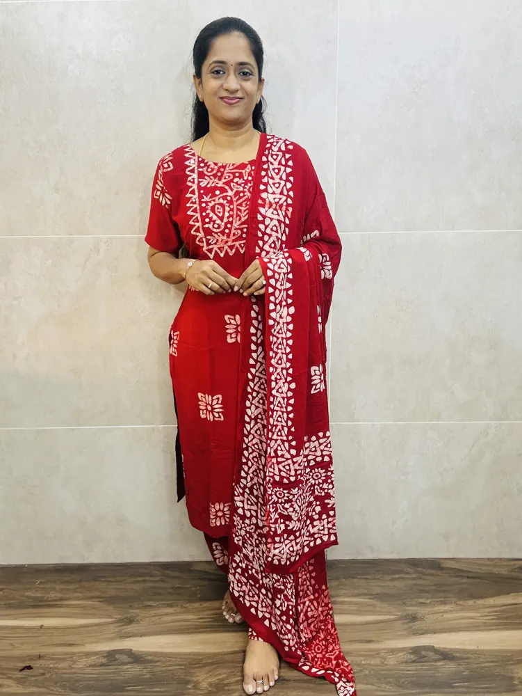Batik printed Rayon top(cotton lining)paired with printed rayon dupatta and rayon bottom(free size)