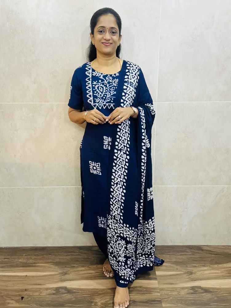 Batik printed Rayon top(cotton lining)paired with printed rayon dupatta and rayon bottom(free size)