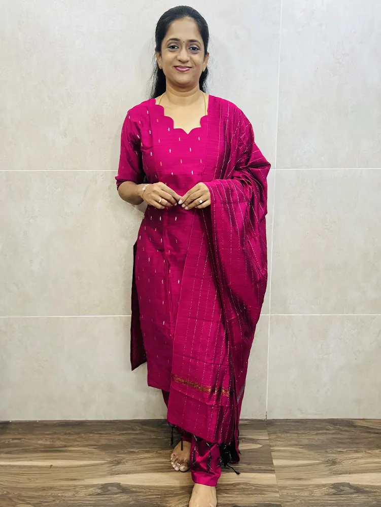 Semi raw silk top (cotton lining) paired with semi raw silk dupatta and semi raw silk bottom (Free size)