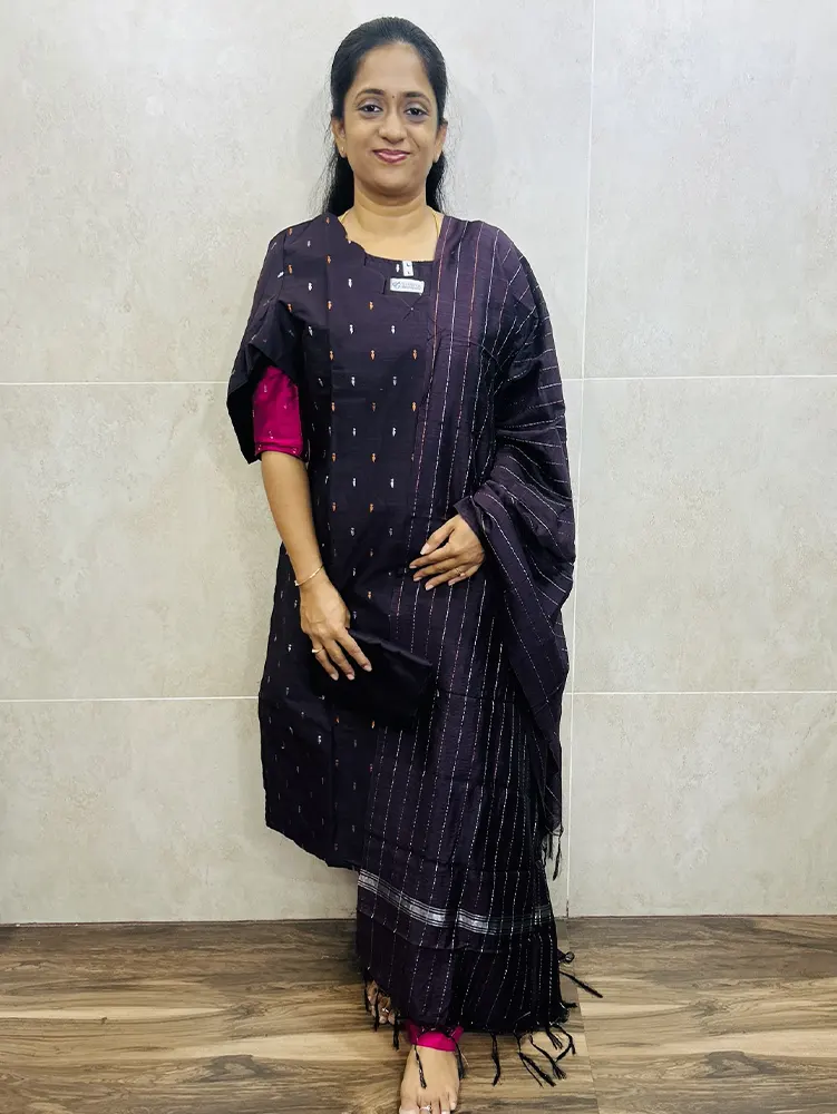 Semi raw silk top (cotton lining) paired with semi raw silk dupatta and semi raw silk bottom (Free size)