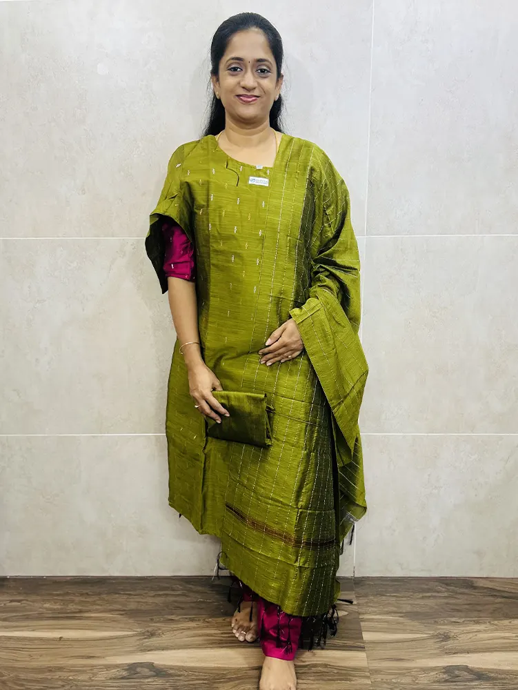 Semi raw silk top (cotton lining) paired with semi raw silk dupatta and semi raw silk bottom (Free size)