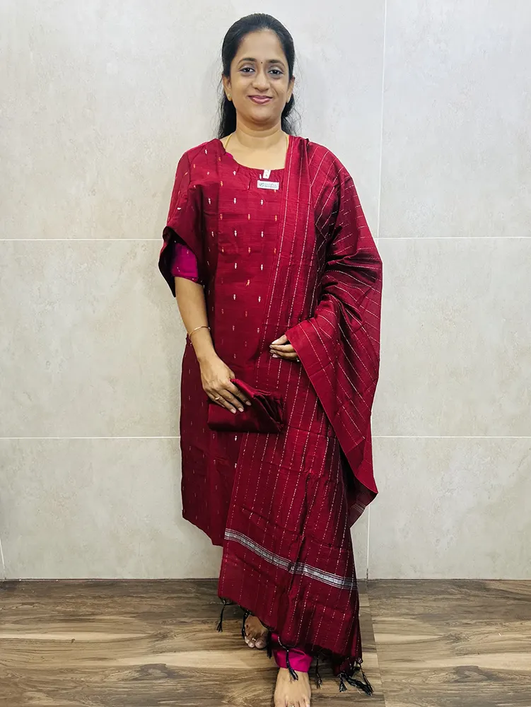 Semi raw silk top (cotton lining) paired with semi raw silk dupatta and semi raw silk bottom (Free size)