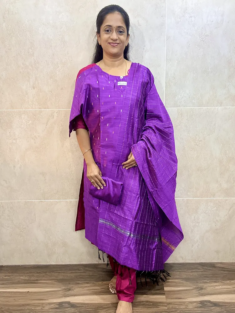 Semi raw silk top (cotton lining) paired with semi raw silk dupatta and semi raw silk bottom (Free size)