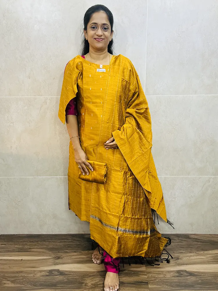 Semi raw silk top (cotton lining) paired with semi raw silk dupatta and semi raw silk bottom (Free size)