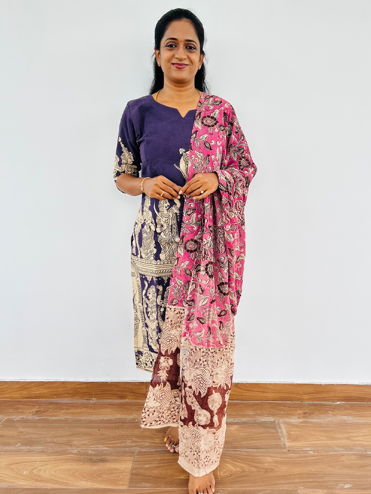 Light purple - Kalamkari printed cotton top (cotton lining) paired with Kalamkari printed cotton dupatta