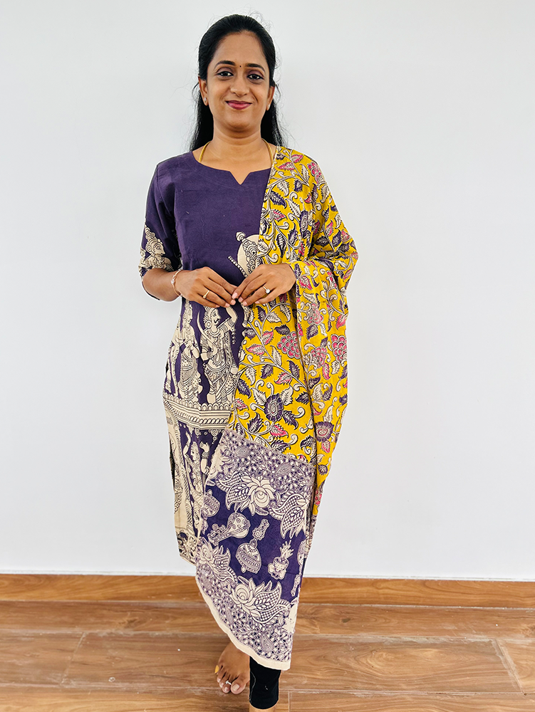 Light purple - Kalamkari printed cotton top (cotton lining) paired with Kalamkari printed cotton dupatta
