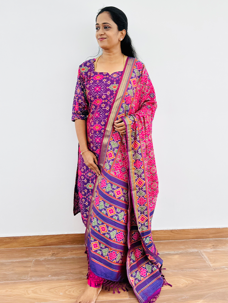 Printed Patola silk top (cotton lining) paired with printed silk dupatta and silk bottom (free size)