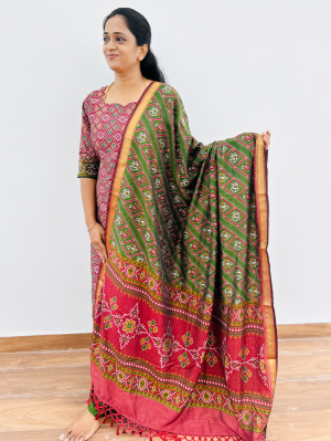 Printed Patola silk top (cotton lining) paired with printed silk dupatta and silk bottom (free size)