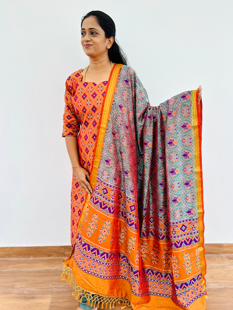 Printed Patola silk top (cotton lining) paired with printed silk dupatta and silk bottom (free size)
