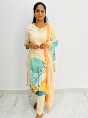 Printed cotton top(cotton lining)with handwork on yoke paired with printed cotton dupatta and cotton bottom(straight cut)