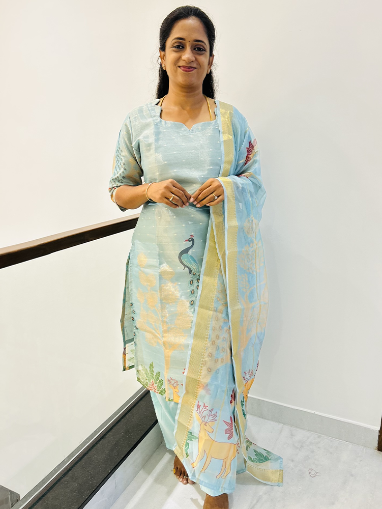 Soft tissue silk top (cotton lining) with allover zari weaving buttas paired with zari weaved organza dupatta and soft silk bottom (free size)