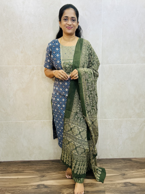Ajrakh dyed cotton top (cotton lining) paired with printed cotton dupatta and cotton bottom (free size)