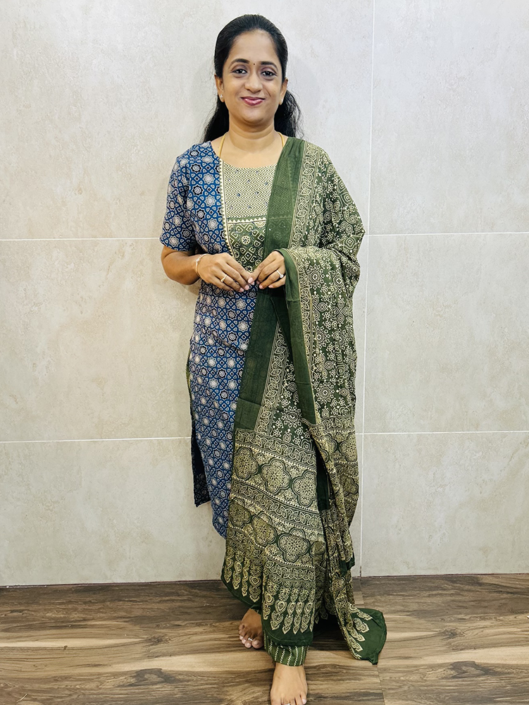 Ajrakh dyed cotton top (cotton lining) paired with printed cotton dupatta and cotton bottom (free size)