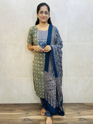 Ajrakh dyed cotton top (cotton lining) paired with printed cotton dupatta and cotton bottom (free size)