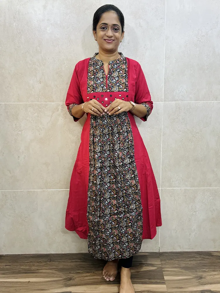 Premium cotton top (cotton lining) with Kalamkari patchwork and mirror worked yoke with 1-side pocket (Aline pattern)
