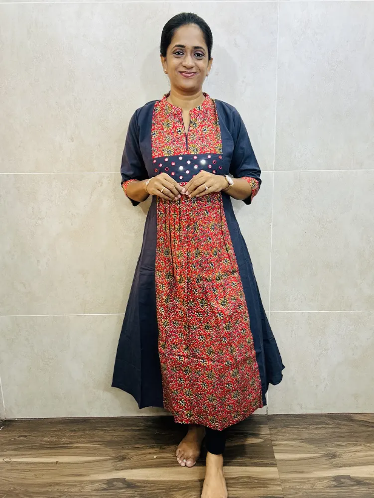 Premium cotton top (cotton lining) with Kalamkari patchwork and mirror worked yoke with 1-side pocket (Aline pattern)