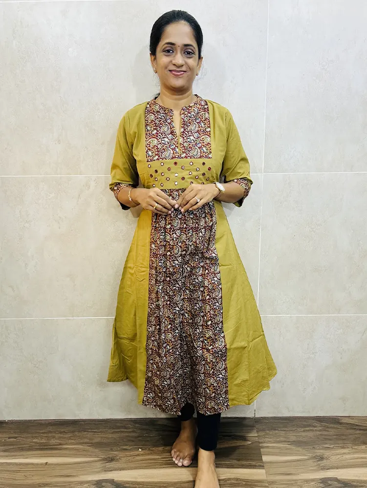 Premium cotton top (cotton lining) with Kalamkari patchwork and mirror worked yoke with 1-side pocket (Aline pattern)