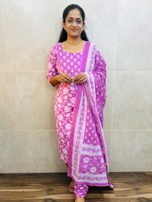 Printed Jaipur cotton top (cotton lining) with with printed cotton dupatta and cotton bottom (Free size)