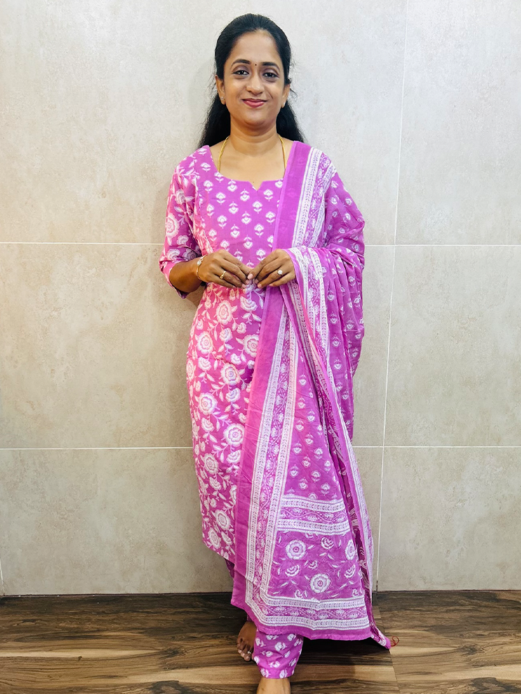 Printed Jaipur cotton top (cotton lining) with with printed cotton dupatta and cotton bottom (Free size)