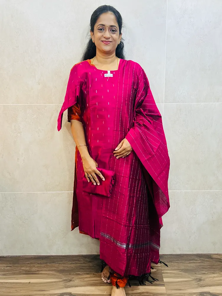 Rani Pink - Semi raw silk top (cotton lining) paired with semi raw silk dupatta and semi raw silk bottom (Free size)