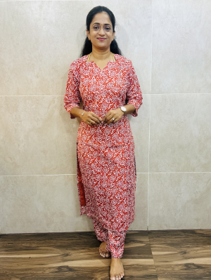 Printed rayon top (cotton lining) paired with printed rayon bottom (straight cut)