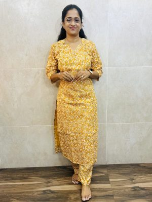 Printed rayon top (cotton lining) paired with printed rayon bottom (straight cut)
