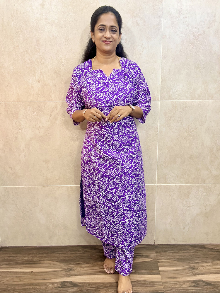Printed rayon top (cotton lining) paired with printed rayon bottom (straight cut)