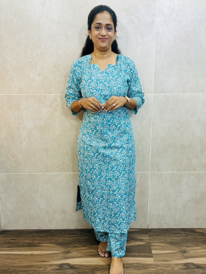 Printed rayon top (cotton lining) paired with printed rayon bottom (straight cut)