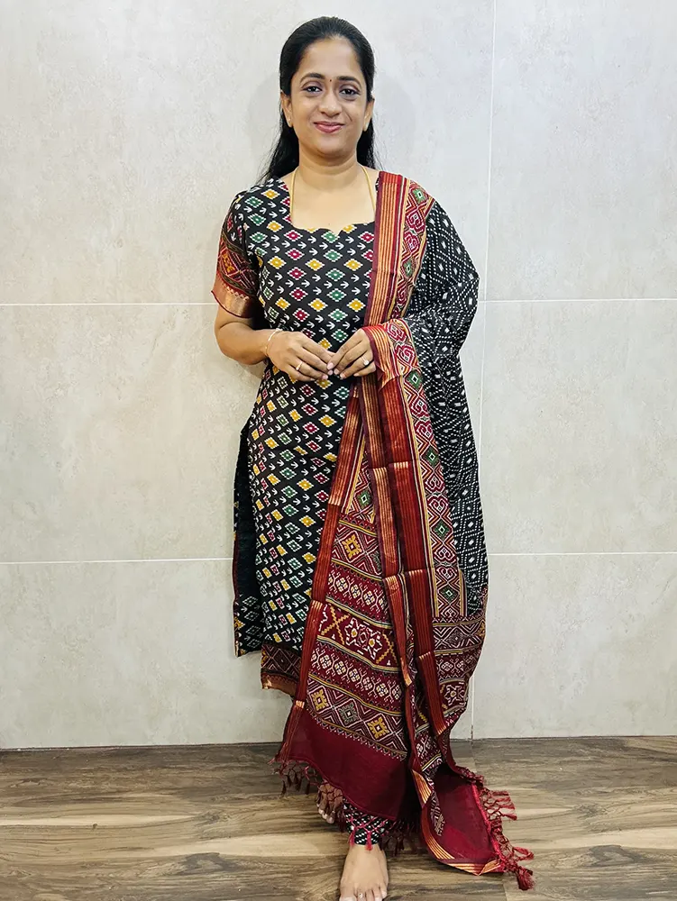 Semi Maheshwari silk top (cotton lining) with paired with semi Maheshwari silk dupatta and semi Maheshwari silk cotton bottom (Free size)