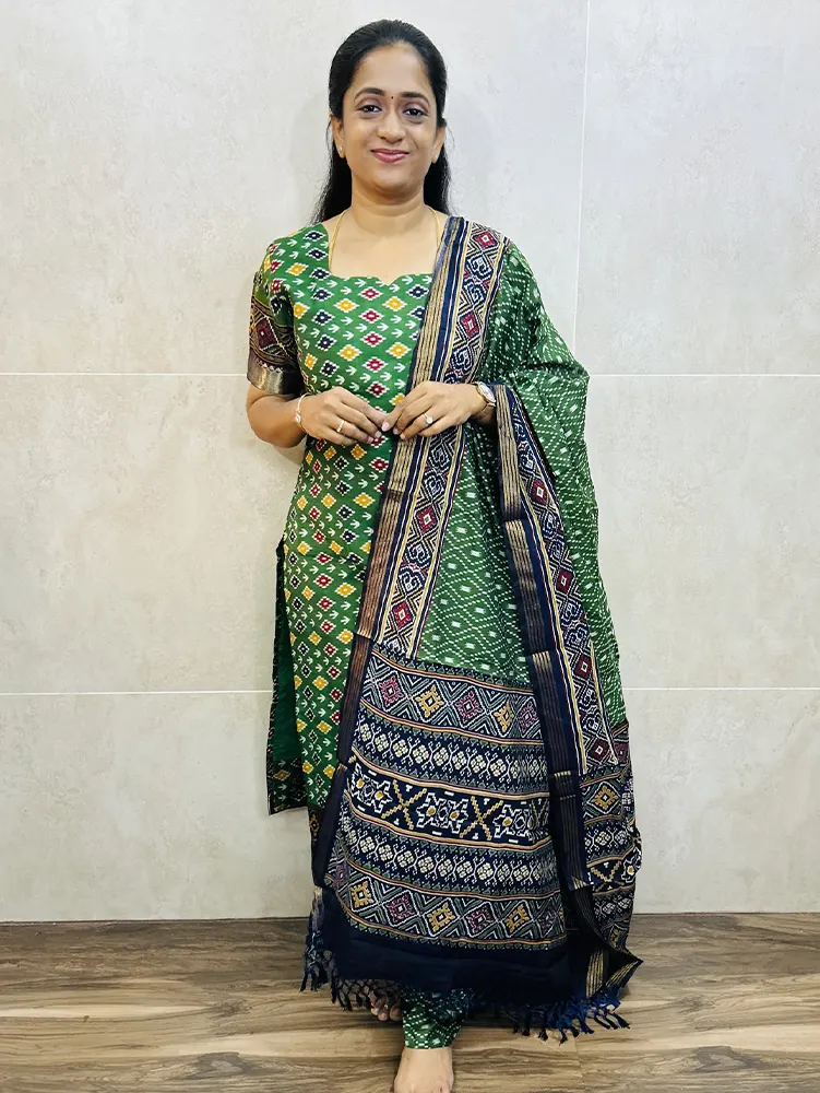 Semi Maheshwari silk top (cotton lining) with paired with semi Maheshwari silk dupatta and semi Maheshwari silk cotton bottom (Free size)