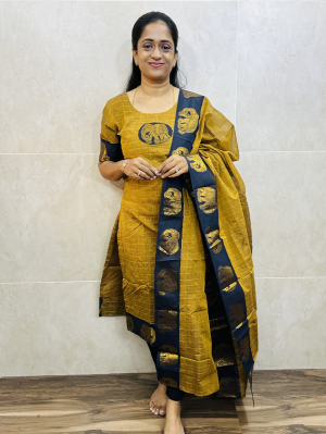 TOP ONLY No Dupatta - Kanchi cotton top (cotton lining) with allover thread woven buttas (straight cut)