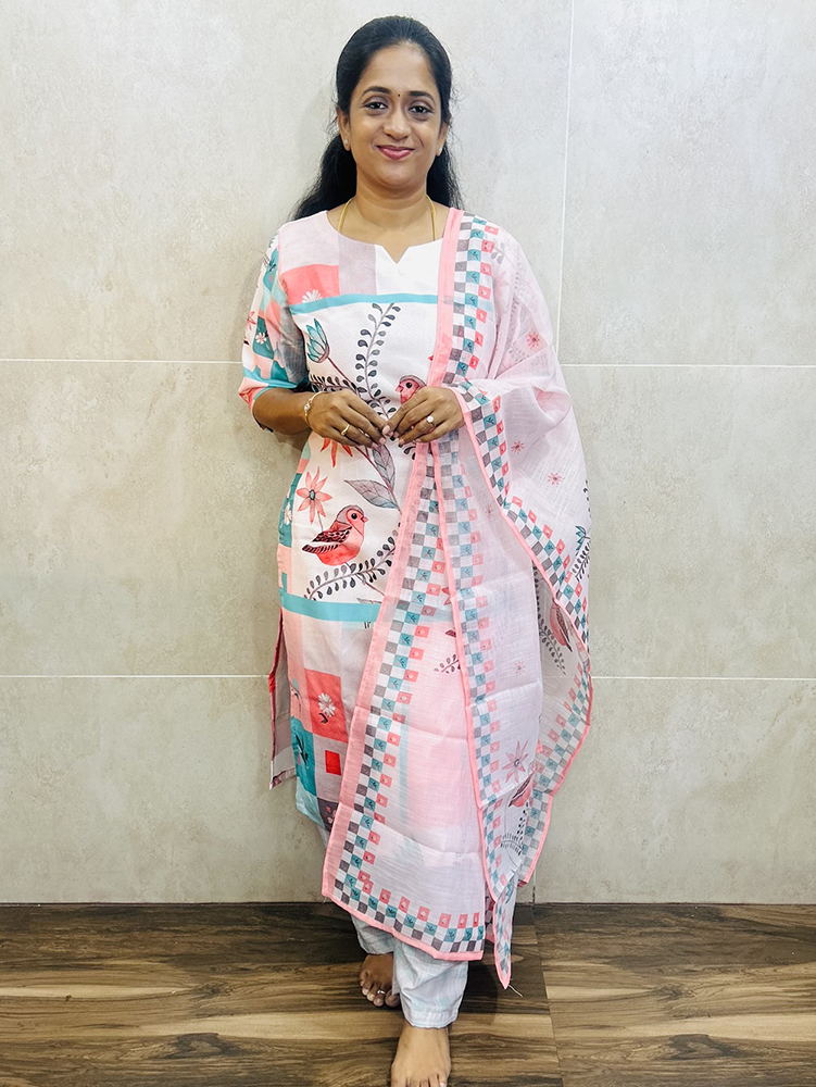 Baby Pink - Printed linen cotton top (cotton lining) paired with linen cotton dupatta and linen cotton bottom (free size)